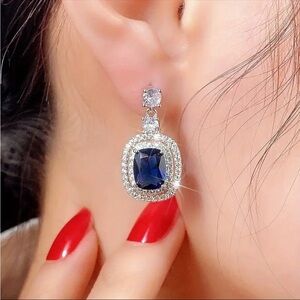 Blue Sapphire and CZ Diamond Drop Silver Earrings Oval Shape Halo New NWT